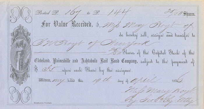 Cleveland, Painesville and Ashtabula Rail Road Co. - Railway Payment Receipt